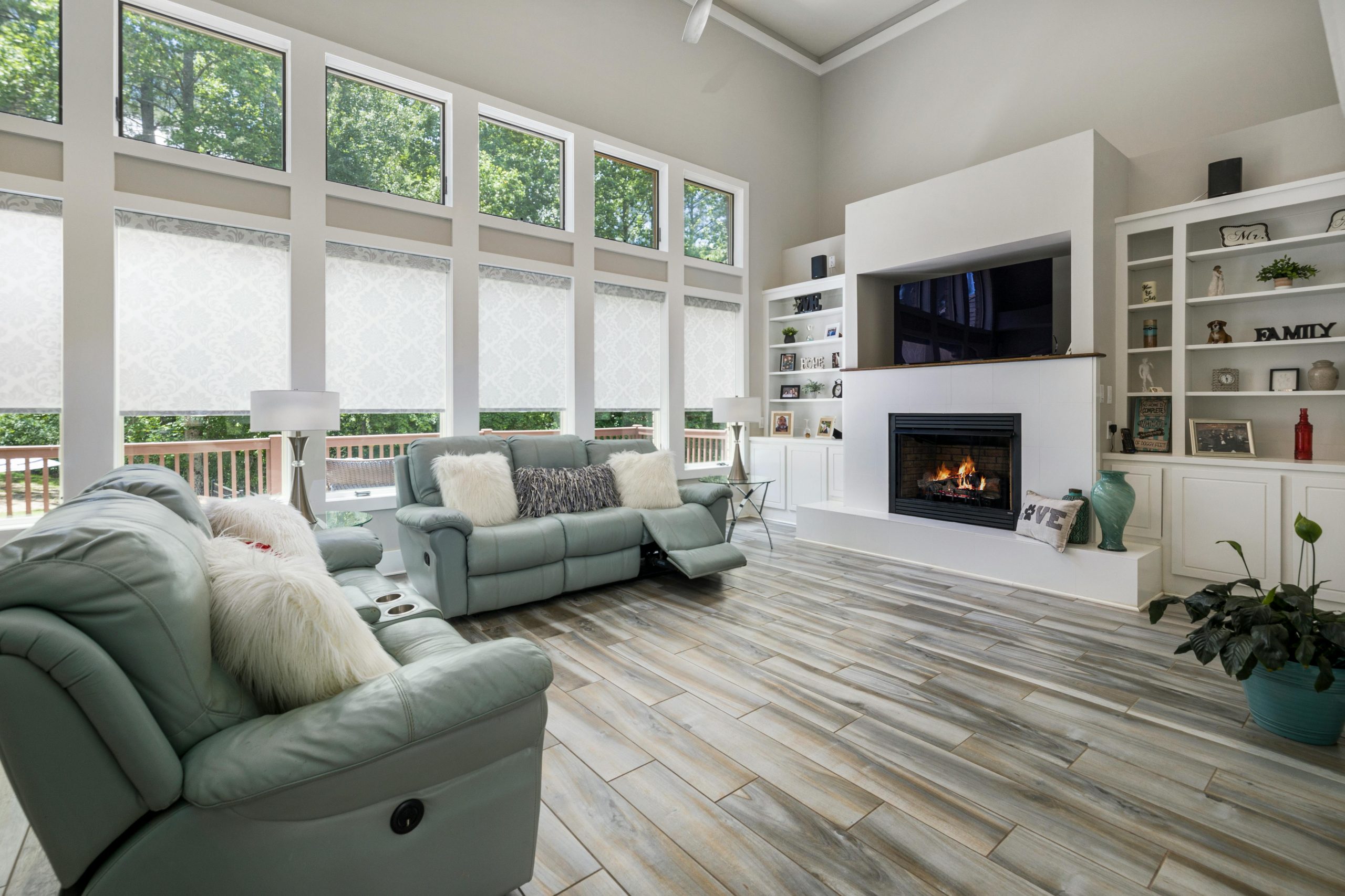 modern family room with a fireplace